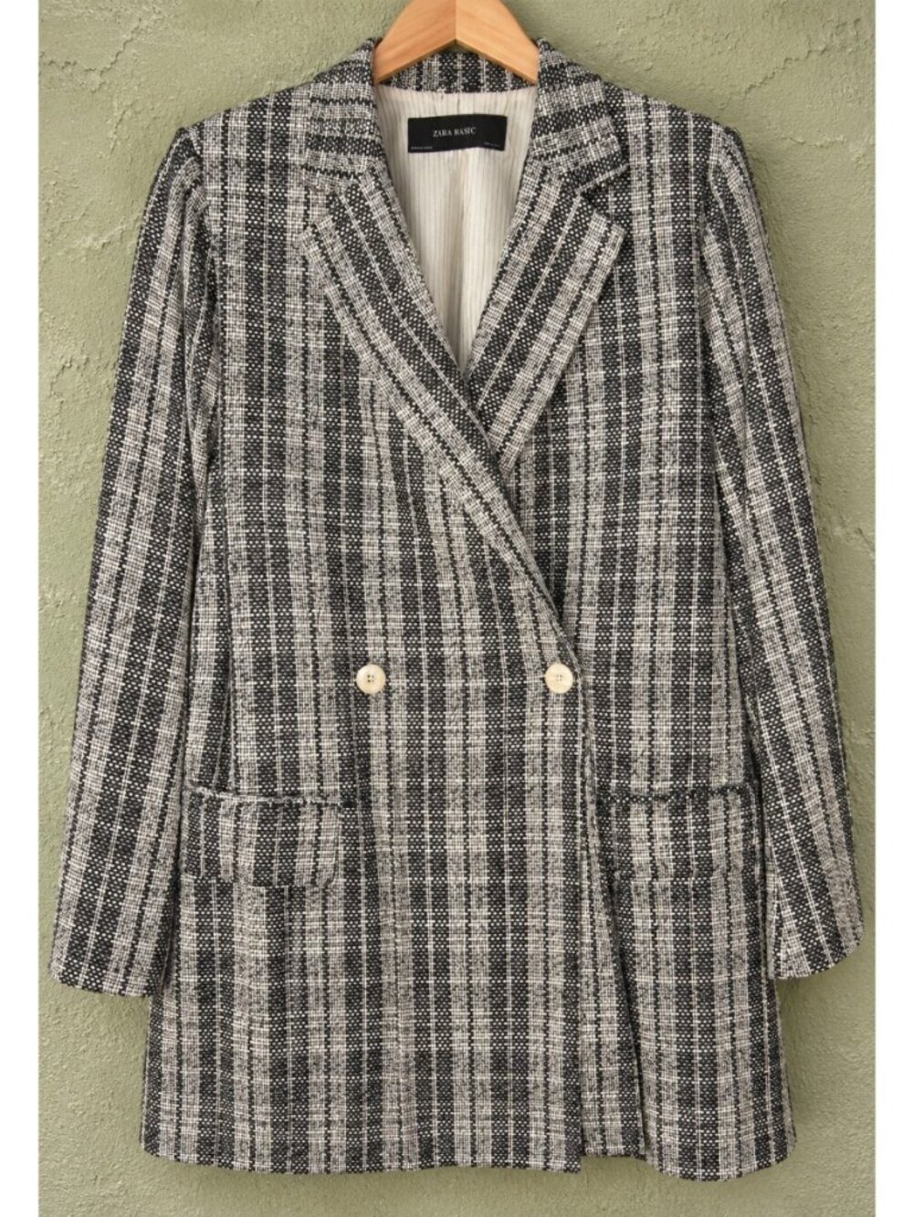 Zara Basic New M Tweed Blazer Jacket Coat Plaid Double Breasted Long Woven $129